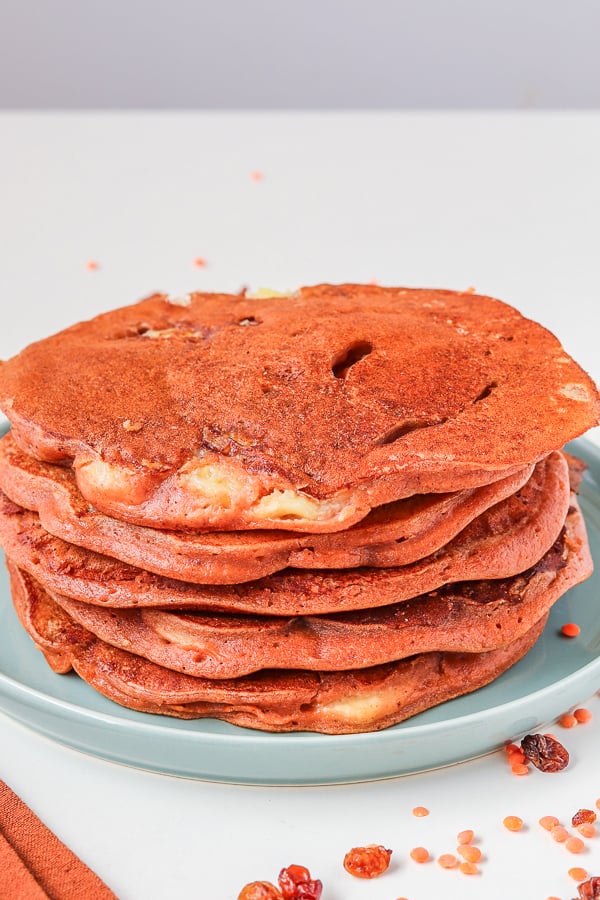 side 2 fluffy vegan pancakes with red lentils