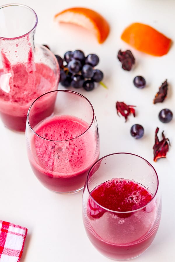 2 glasses & jar of grapefruit-hibiscus juice