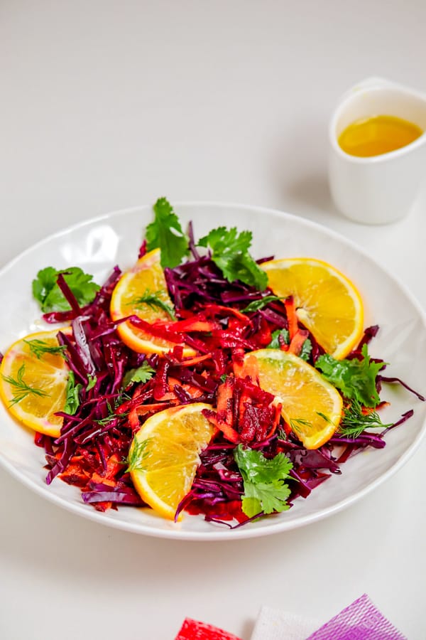 Red cabbage salad with vinaigrette side view