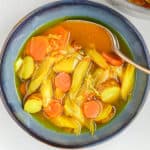 sweet potato leek soup with sunchokes served in a bowl