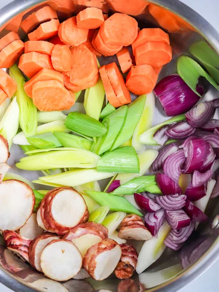 chopped veggies for soup in a saucepan