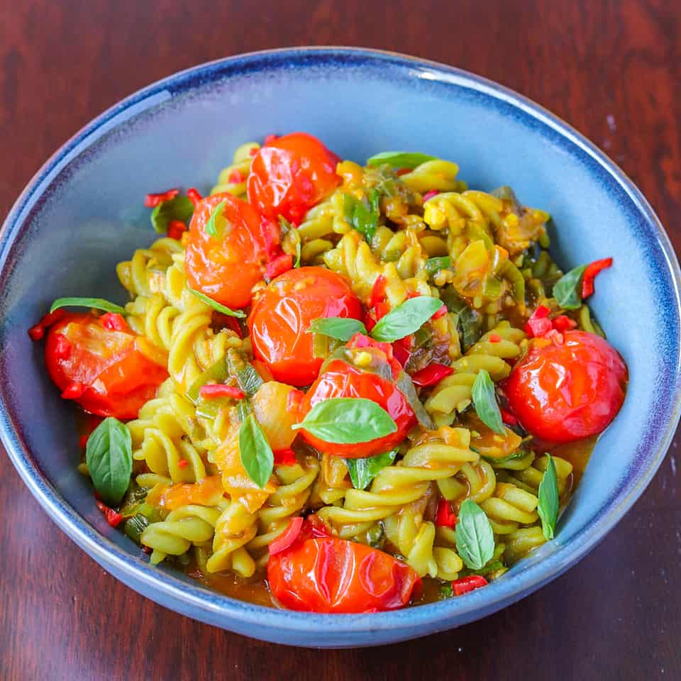 cherry tomatoes with gluten-free pasta bowl