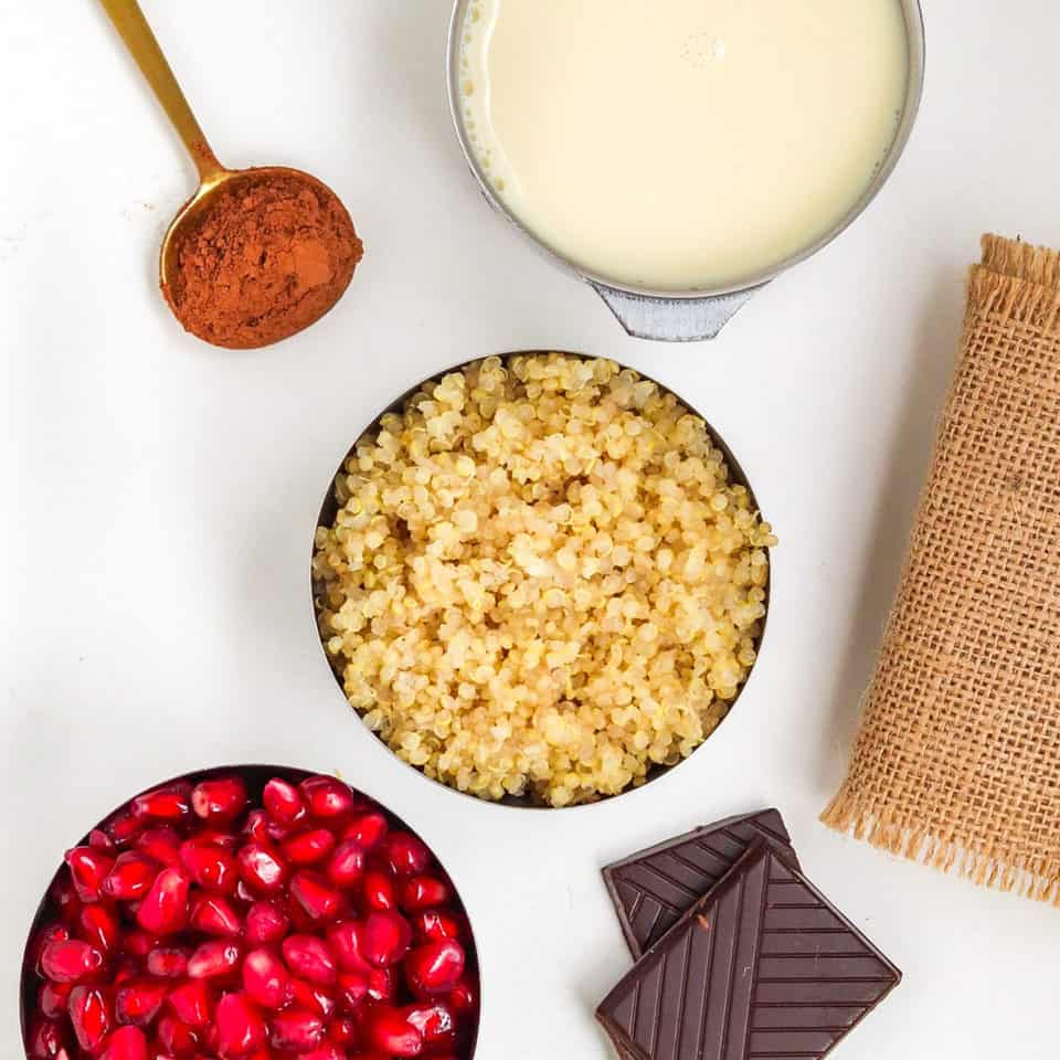 Ingredients for quinoa breakfast with dark chocolate