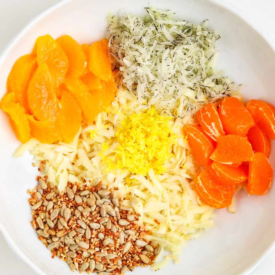 ingredients for mandarin orange & parsnip recipe in a bowl