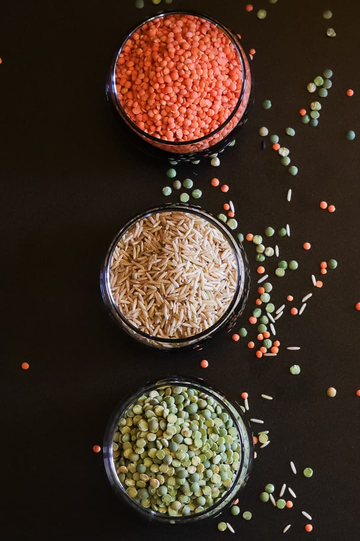 red lentils, brown rice, and split peas
