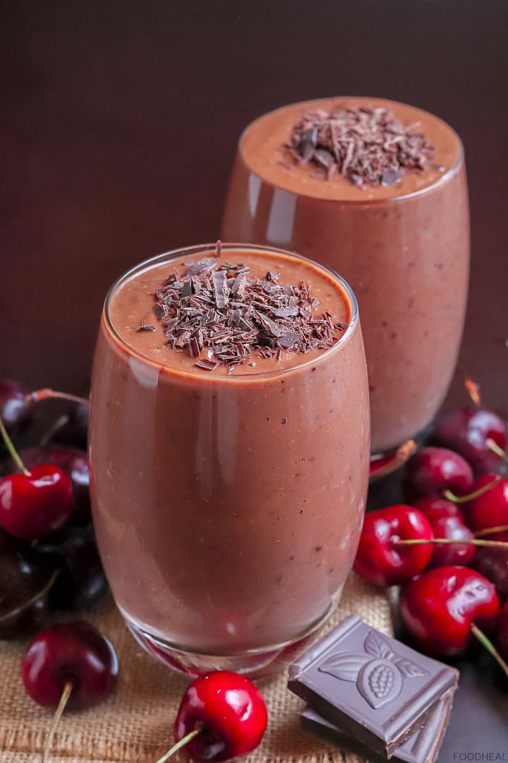 2 glasses of dark chocolate smoothie with cherries