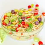 A bowl of Mediterranean quinoa salad with olives