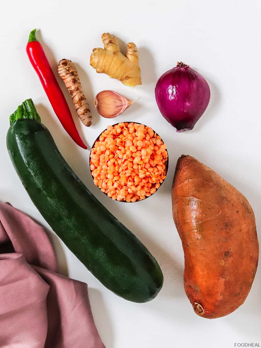 Sweet potato curry red lentil ingredients