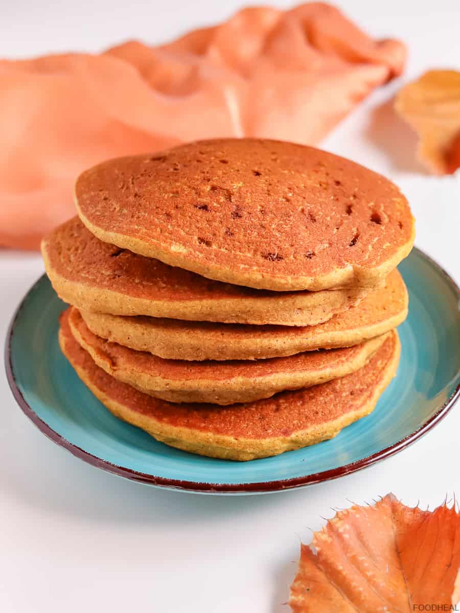 Plain pumpkin pancakes in a blue plate