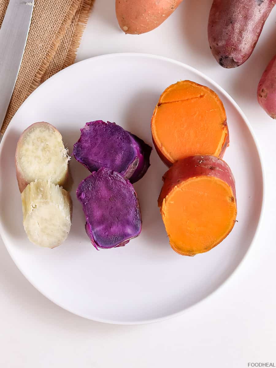 Pieces of 3 varieties of sweet potatoes