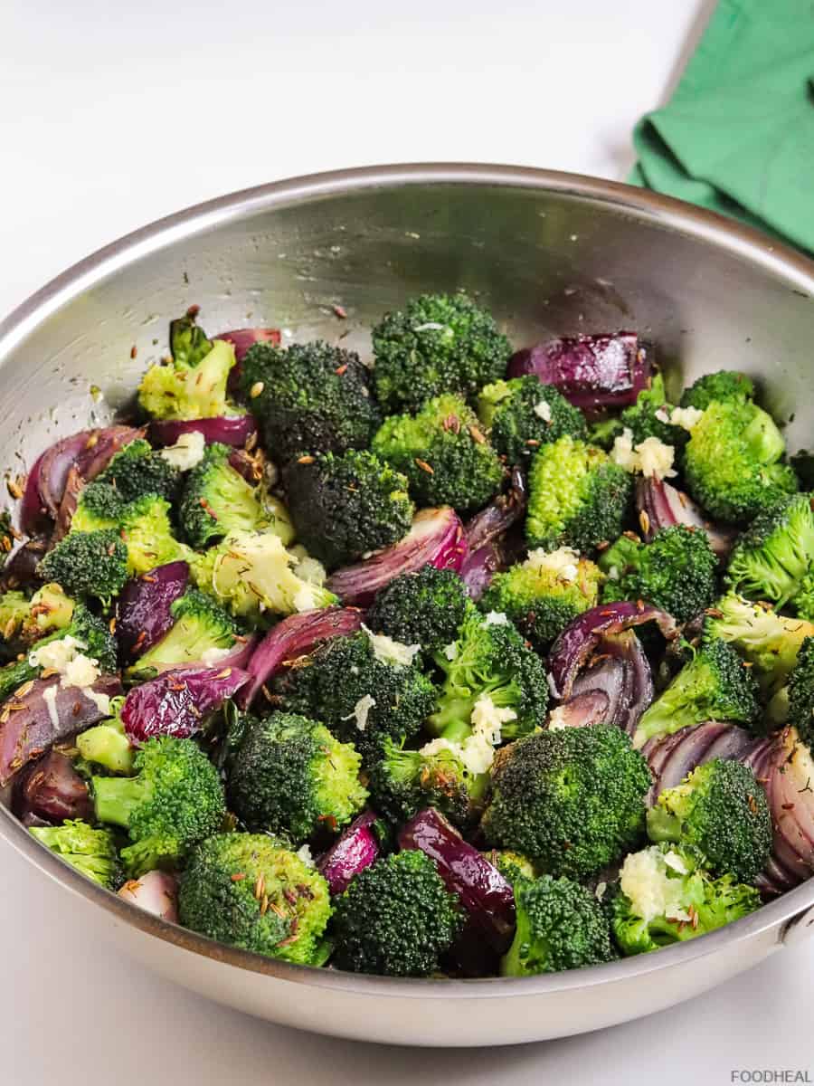 Sauteed broccoli with onions in a pan