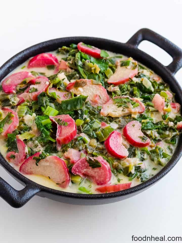 Rhubarb recipe with radish greens. FOODHEAL
